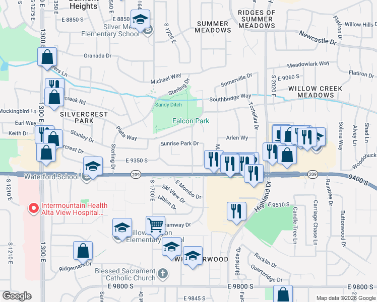 map of restaurants, bars, coffee shops, grocery stores, and more near 9277 Gardners Place in Sandy