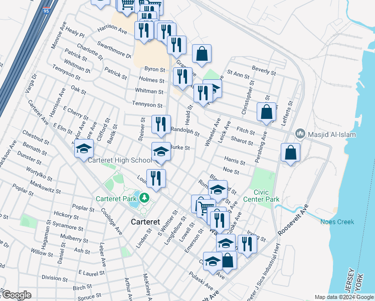 map of restaurants, bars, coffee shops, grocery stores, and more near 76 Heald Street in Carteret