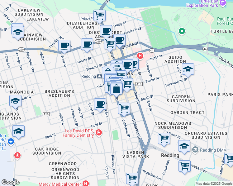 map of restaurants, bars, coffee shops, grocery stores, and more near 1636 California-Market Alley in Redding