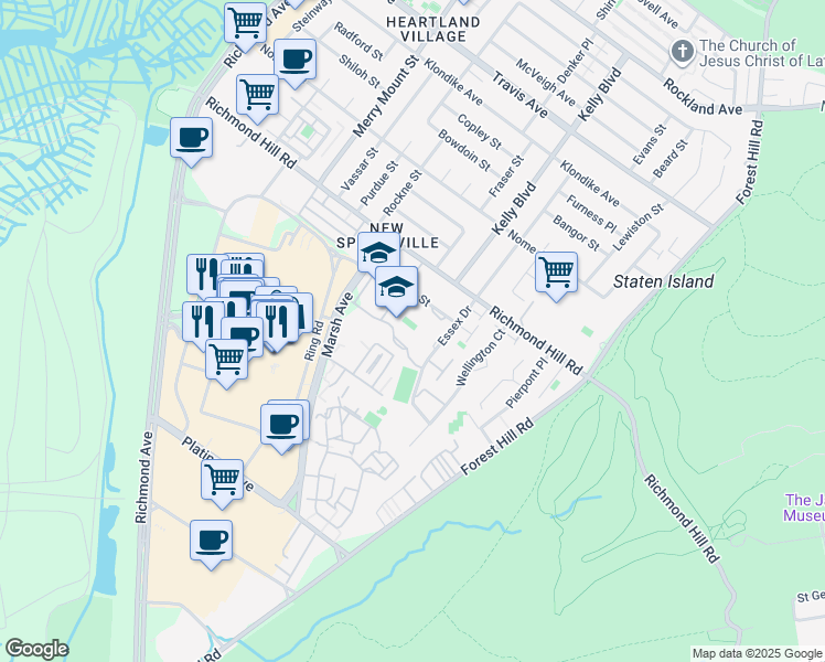 map of restaurants, bars, coffee shops, grocery stores, and more near 100 Essex Drive in Staten Island