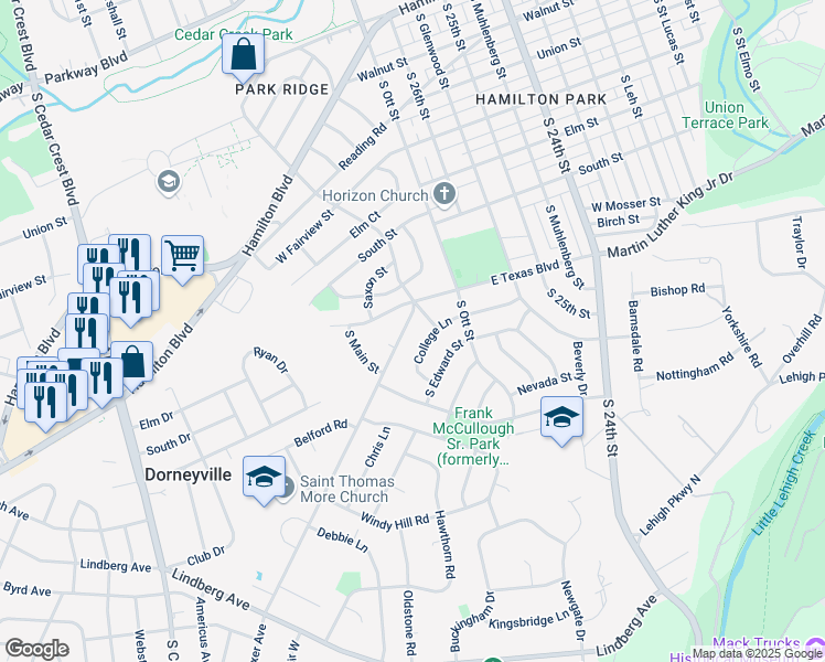 map of restaurants, bars, coffee shops, grocery stores, and more near in Lehigh County
