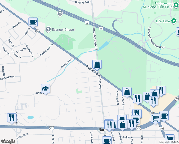 map of restaurants, bars, coffee shops, grocery stores, and more near 6 Decicco Drive in Raritan