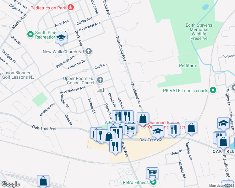map of restaurants, bars, coffee shops, grocery stores, and more near 3229 Clark Lane in South Plainfield