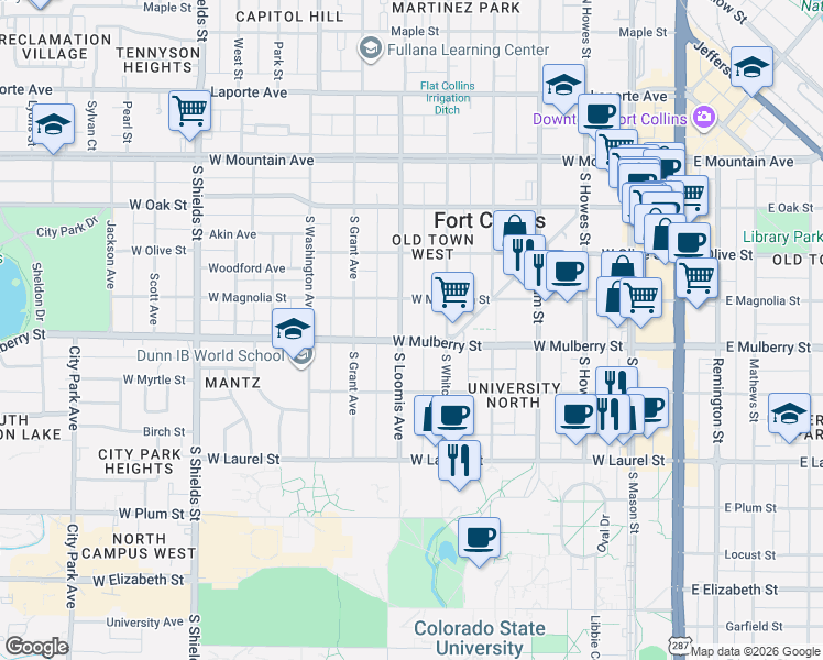 map of restaurants, bars, coffee shops, grocery stores, and more near 619 West Magnolia Street in Fort Collins