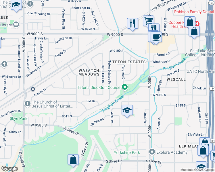 map of restaurants, bars, coffee shops, grocery stores, and more near 9299 Uinta Hills Drive in West Jordan
