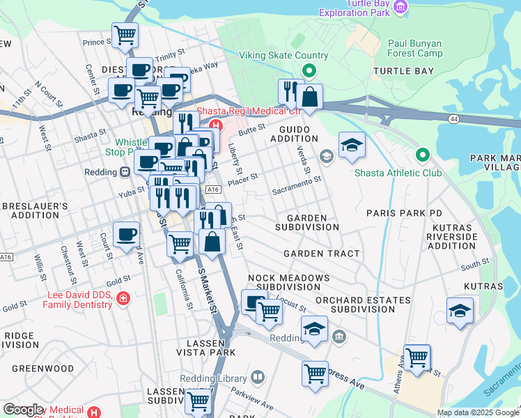 map of restaurants, bars, coffee shops, grocery stores, and more near 1756 Continental Street in Redding