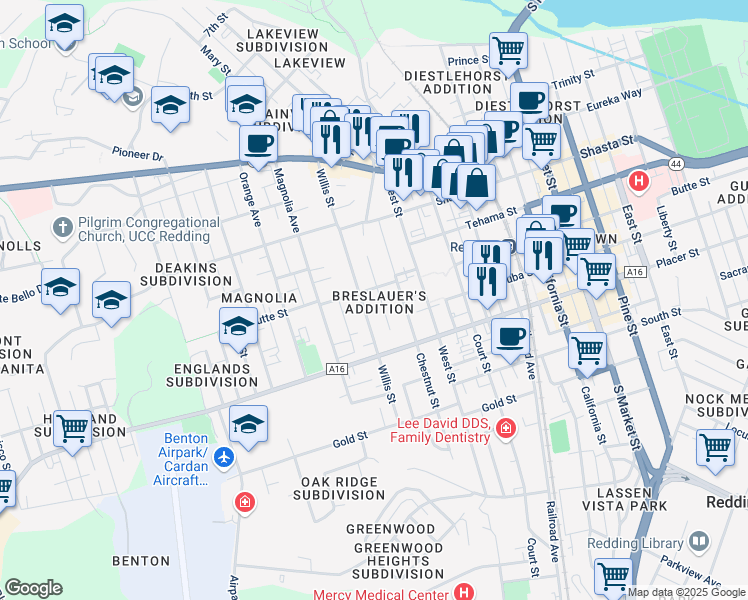 map of restaurants, bars, coffee shops, grocery stores, and more near 2001-2025 Butte Street in Redding