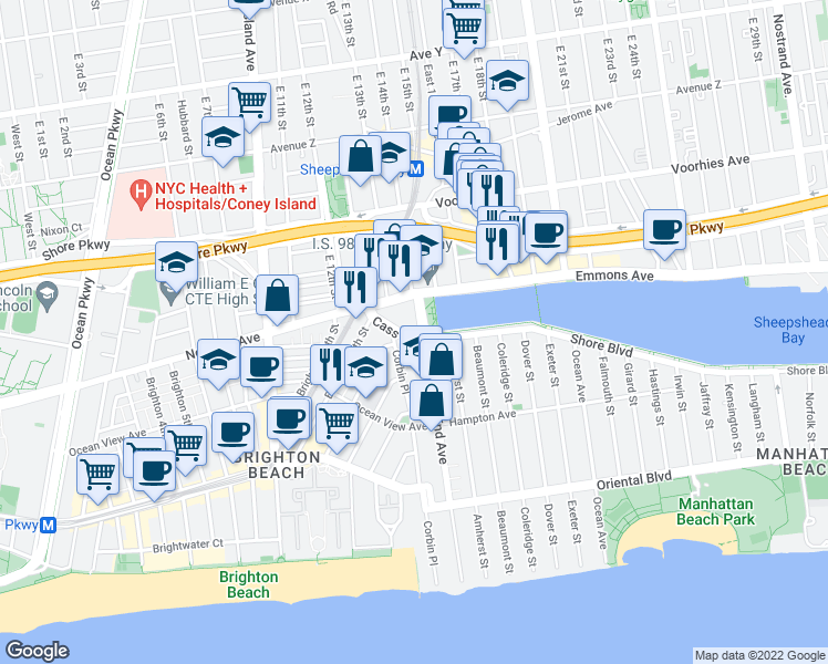 map of restaurants, bars, coffee shops, grocery stores, and more near 10 Shore Boulevard in Brooklyn