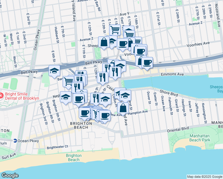 map of restaurants, bars, coffee shops, grocery stores, and more near 64 Neptune Avenue in Brooklyn