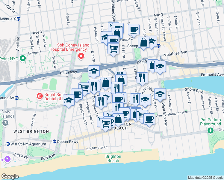 map of restaurants, bars, coffee shops, grocery stores, and more near 720 Brighton 8th Street in Brooklyn