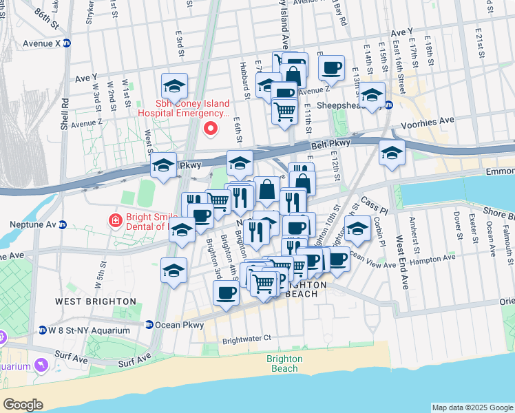 map of restaurants, bars, coffee shops, grocery stores, and more near 2829 Brighton 7th Street in Brooklyn