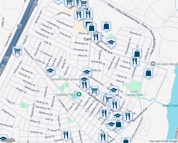 map of restaurants, bars, coffee shops, grocery stores, and more near 87 Edgar Street in Carteret