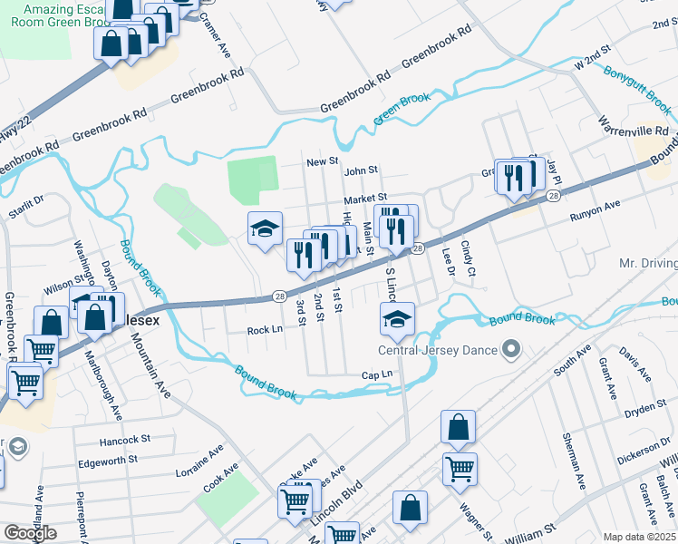 map of restaurants, bars, coffee shops, grocery stores, and more near 313 1st Street in Middlesex