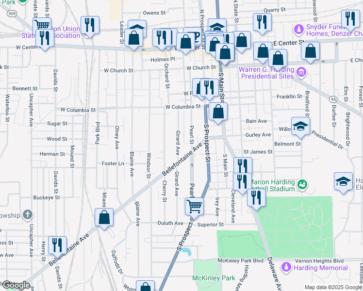 map of restaurants, bars, coffee shops, grocery stores, and more near 399 Pearl Street in Marion