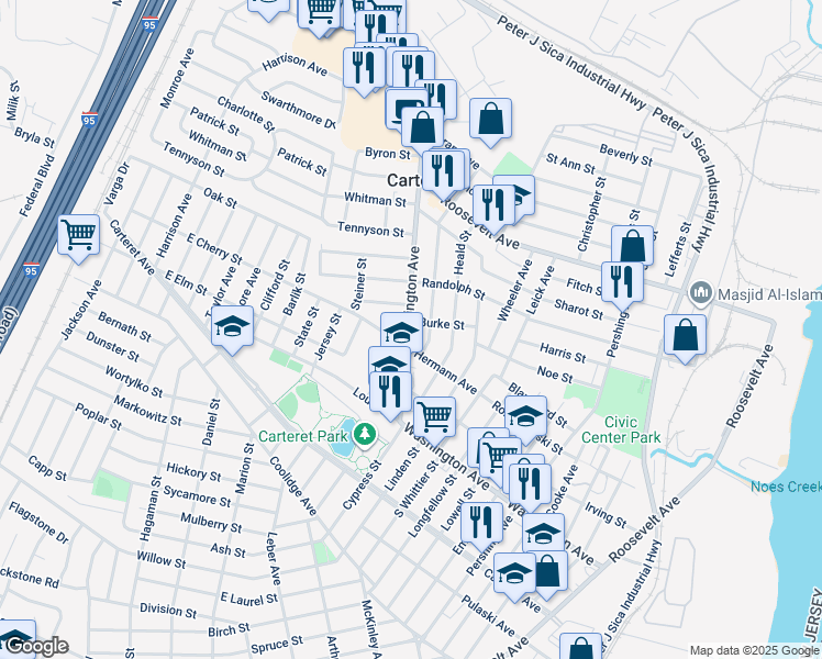 map of restaurants, bars, coffee shops, grocery stores, and more near 87 Edgar Street in Carteret