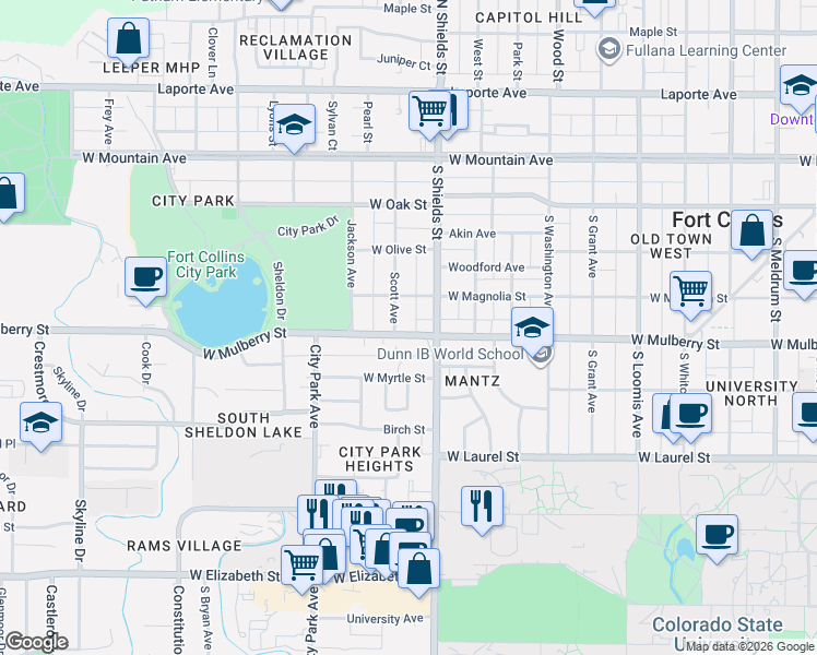 map of restaurants, bars, coffee shops, grocery stores, and more near 412 Scott Avenue in Fort Collins