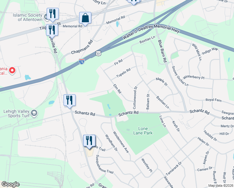 map of restaurants, bars, coffee shops, grocery stores, and more near 131 Elm Road in Allentown