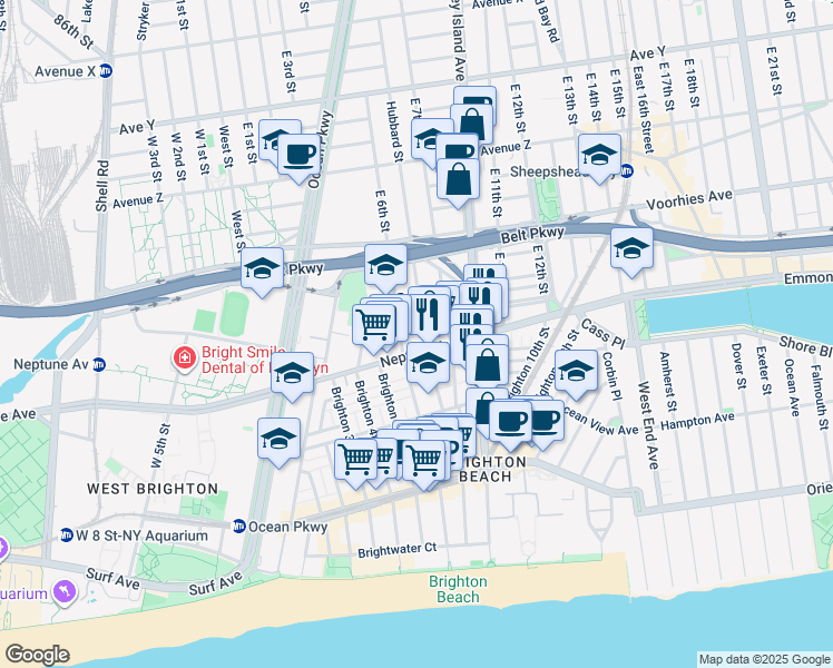 map of restaurants, bars, coffee shops, grocery stores, and more near 2848 Brighton 7th Street in Brooklyn