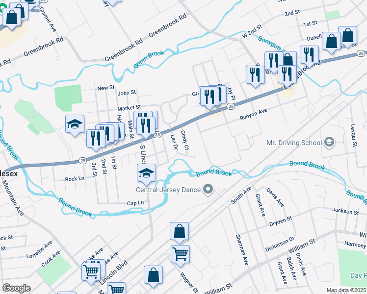 map of restaurants, bars, coffee shops, grocery stores, and more near 111 Cindy Court in Middlesex