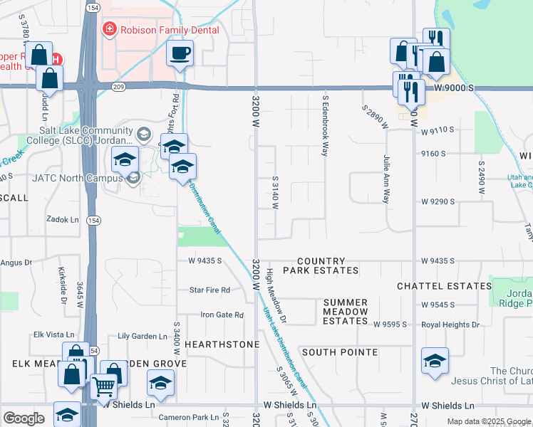 map of restaurants, bars, coffee shops, grocery stores, and more near 9293 South 3140 West in West Jordan