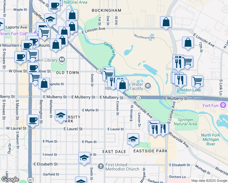 map of restaurants, bars, coffee shops, grocery stores, and more near 500 Riverside Avenue in Fort Collins