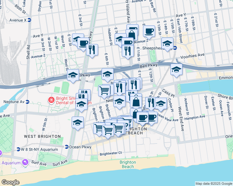 map of restaurants, bars, coffee shops, grocery stores, and more near 2829 Brighton 7th Street in Brooklyn