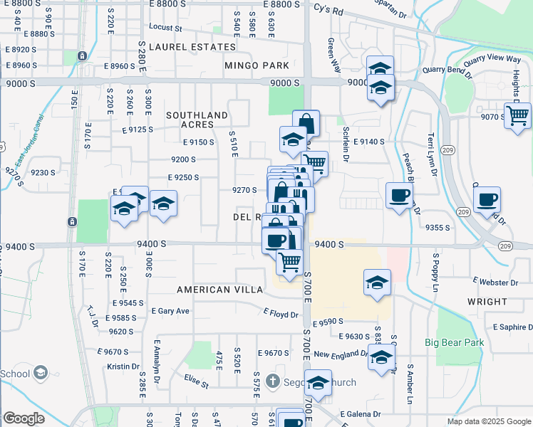 map of restaurants, bars, coffee shops, grocery stores, and more near 9324 S Brighton View Dr in Sandy