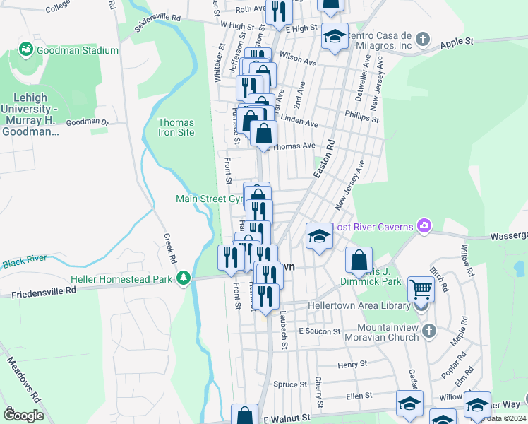 map of restaurants, bars, coffee shops, grocery stores, and more near 901 Main Street in Hellertown