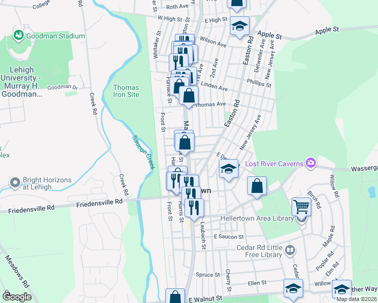 map of restaurants, bars, coffee shops, grocery stores, and more near 901 Main Street in Hellertown