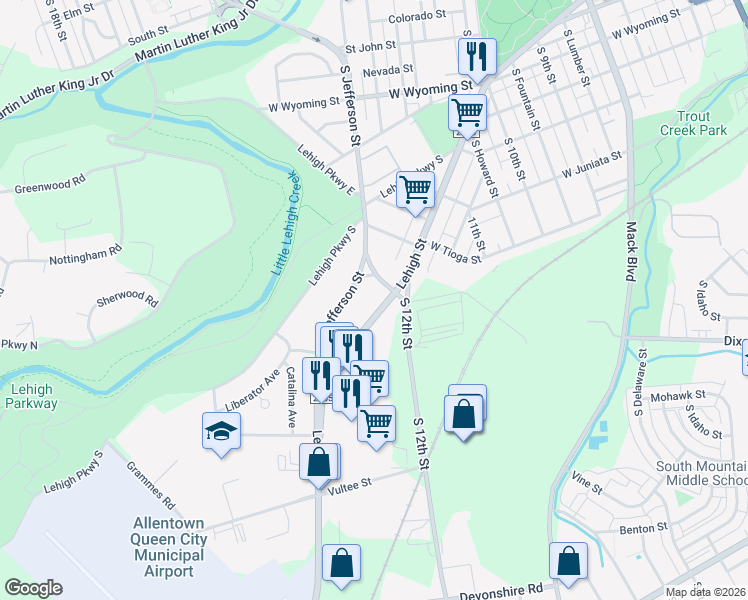 map of restaurants, bars, coffee shops, grocery stores, and more near 1314 South 12th Street in Allentown