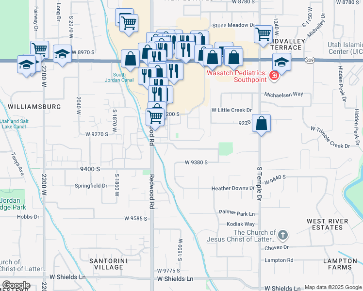 map of restaurants, bars, coffee shops, grocery stores, and more near 1592 Brigadoon Park Drive in West Jordan
