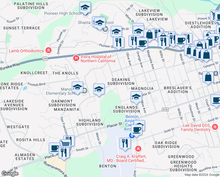 map of restaurants, bars, coffee shops, grocery stores, and more near 2685 Shasta Street in Redding