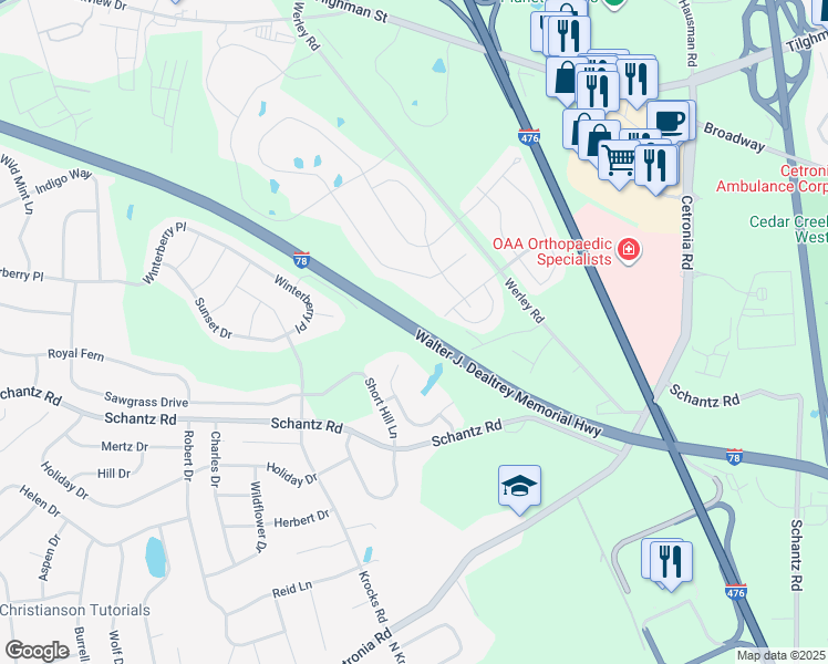 map of restaurants, bars, coffee shops, grocery stores, and more near Walter J. Dealtrey Memorial Highway in Allentown