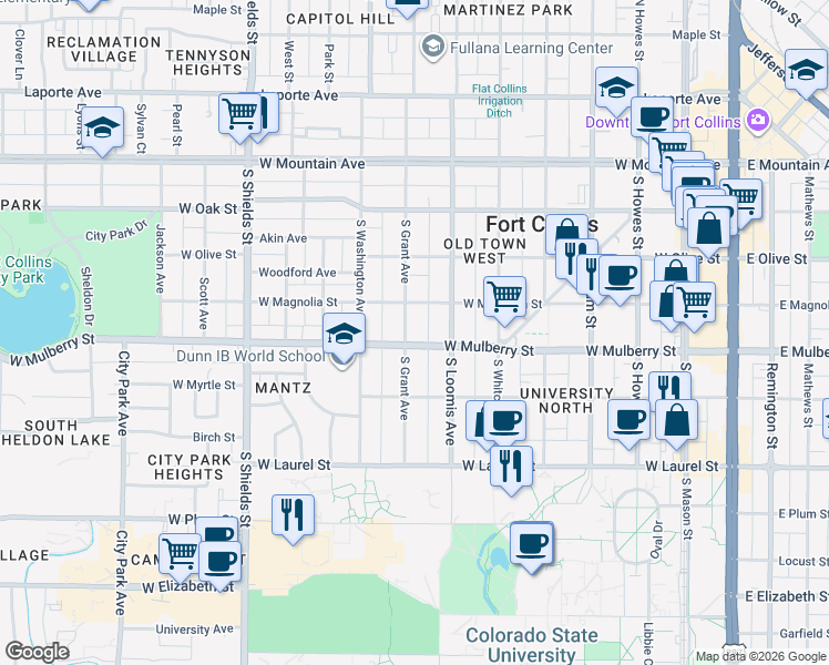 map of restaurants, bars, coffee shops, grocery stores, and more near 420 South Grant Avenue in Fort Collins