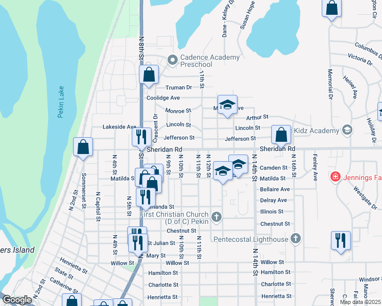 map of restaurants, bars, coffee shops, grocery stores, and more near 1007 Sheridan Road in Pekin