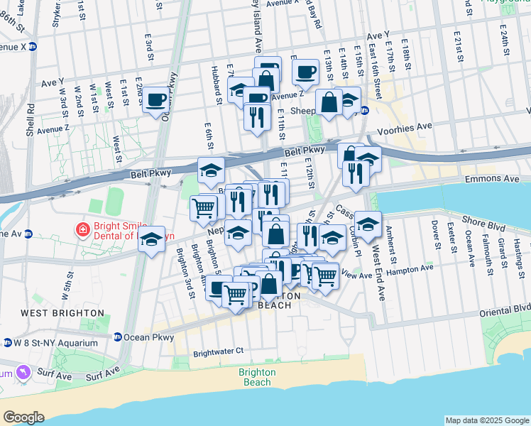 map of restaurants, bars, coffee shops, grocery stores, and more near 720 Brighton 8th Street in Brooklyn