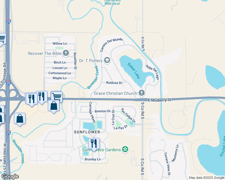 map of restaurants, bars, coffee shops, grocery stores, and more near 4817 Ruidosa Drive in Fort Collins