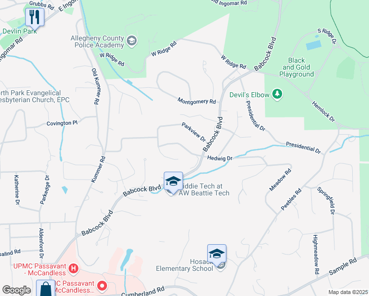 map of restaurants, bars, coffee shops, grocery stores, and more near 1555 Hedwig Drive in McCandless