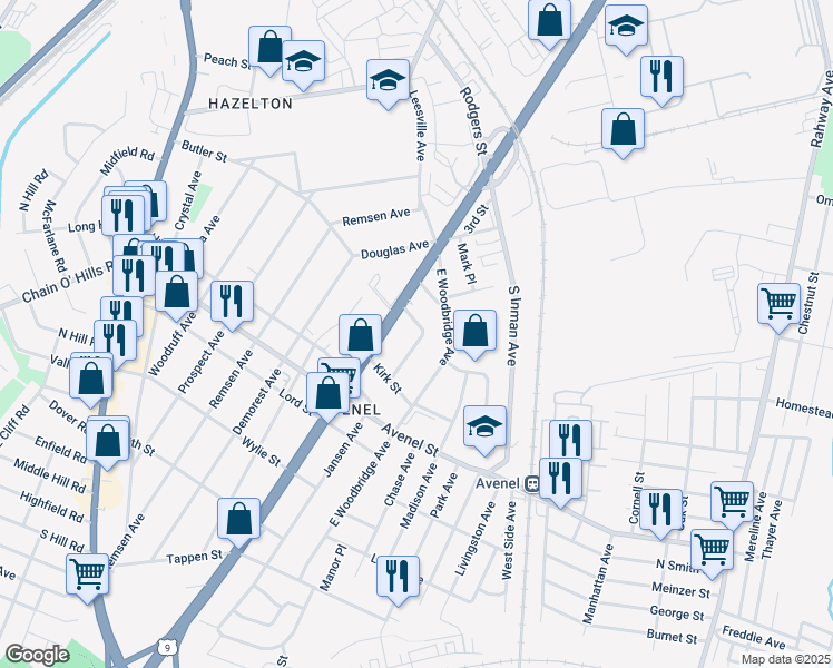 map of restaurants, bars, coffee shops, grocery stores, and more near 44 Mitchell Place in Woodbridge Township