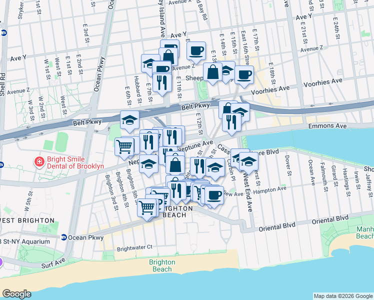 map of restaurants, bars, coffee shops, grocery stores, and more near 2804 East 11th Street in Brooklyn