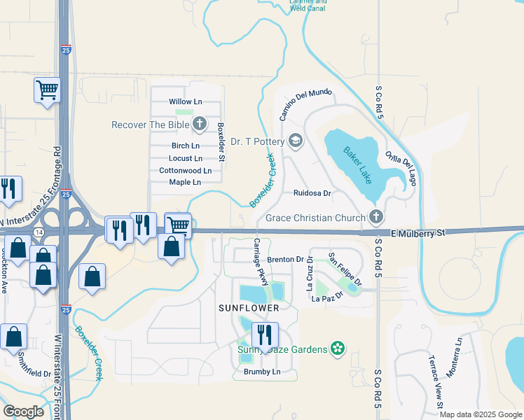 map of restaurants, bars, coffee shops, grocery stores, and more near 417 Camino Del Mundo in Fort Collins