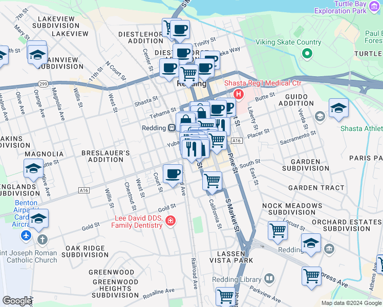 map of restaurants, bars, coffee shops, grocery stores, and more near 1530 Placer Street in Redding