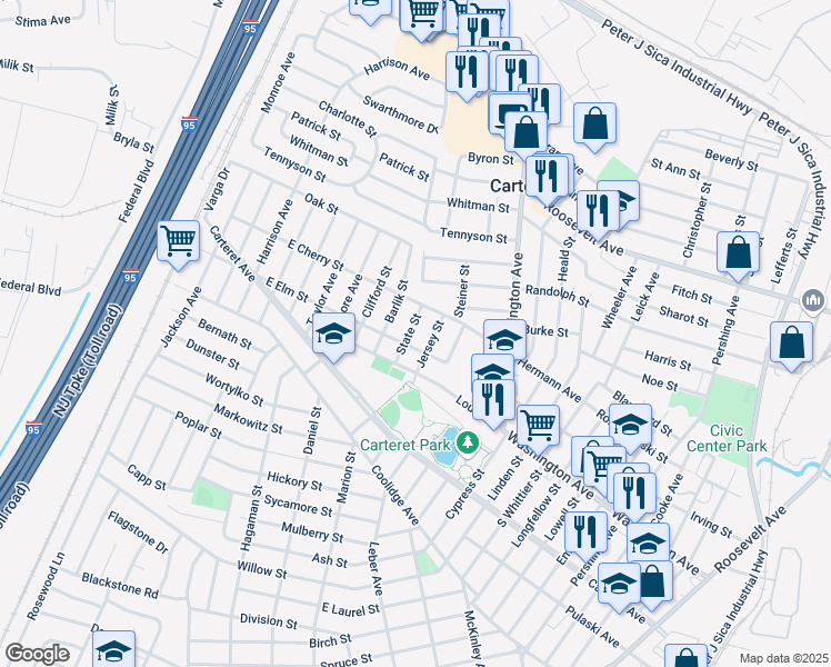 map of restaurants, bars, coffee shops, grocery stores, and more near 22 State Street in Carteret
