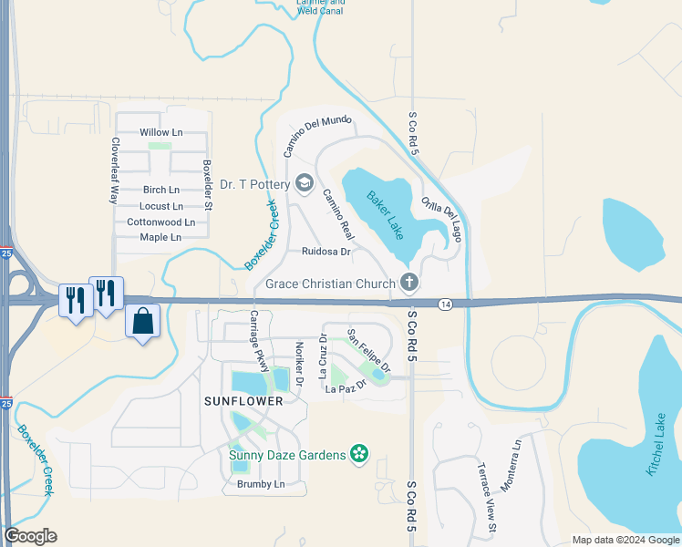 map of restaurants, bars, coffee shops, grocery stores, and more near 4829 Ruidosa Drive in Fort Collins