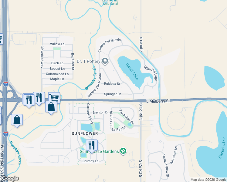 map of restaurants, bars, coffee shops, grocery stores, and more near 4817 Ruidosa Drive in Fort Collins