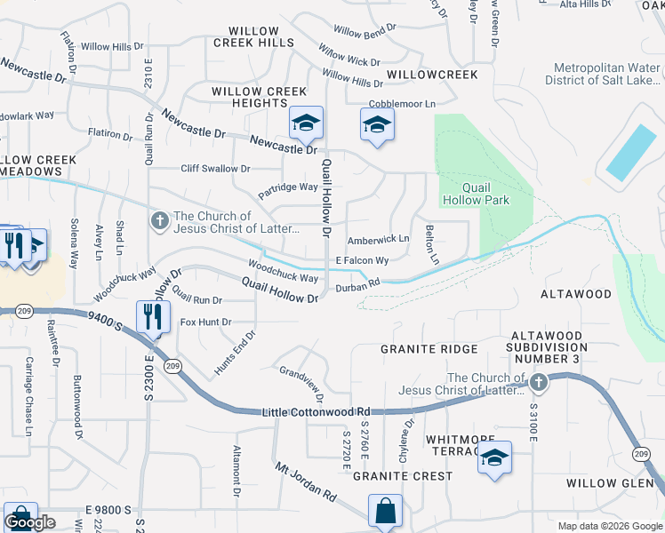 map of restaurants, bars, coffee shops, grocery stores, and more near 2669 Falcon Way in Sandy