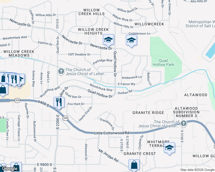 map of restaurants, bars, coffee shops, grocery stores, and more near 2669 Falcon Way in Sandy