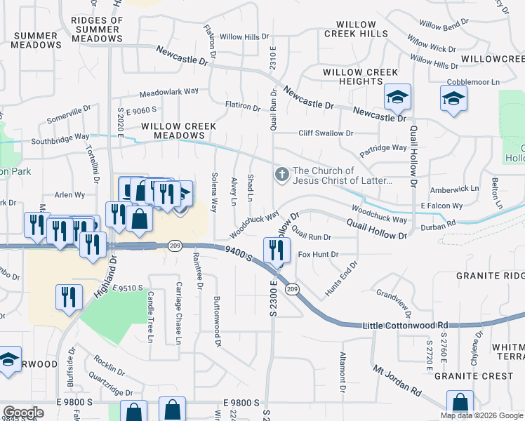 map of restaurants, bars, coffee shops, grocery stores, and more near 9279 Sagecrest Circle in Sandy