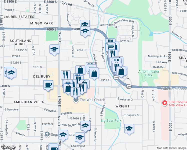 map of restaurants, bars, coffee shops, grocery stores, and more near 853 East 9400 South in Sandy