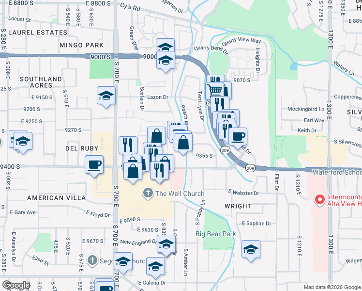 map of restaurants, bars, coffee shops, grocery stores, and more near 853 East 9400 South in Sandy
